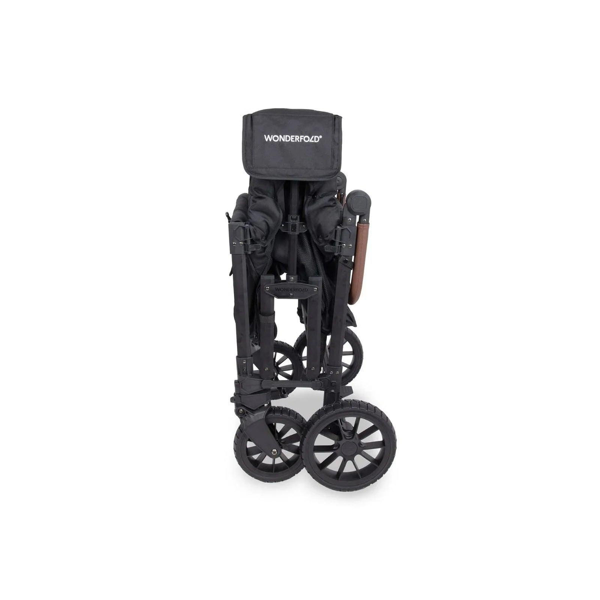 Black stroller wagon with canopy and footrest area, shown with standing frame