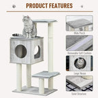 Grey cushioned cat tree with cubby house, two side openings, and stacked resting platforms