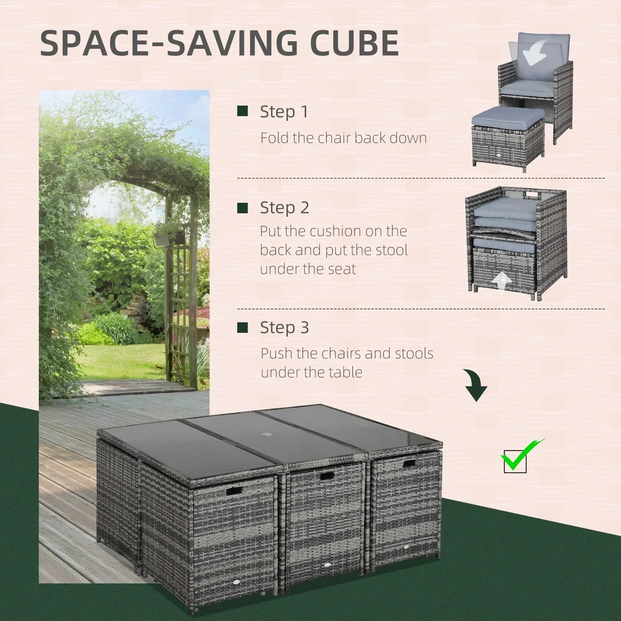 10 Seater Rattan Cube Garden Furniture Set with Parasol Hole, Rattan Dining Set with Cushions, Outdoor Dining Table and Chairs with Rectangular Glass Top Table for Patio, Mixed Grey - Bobobiy