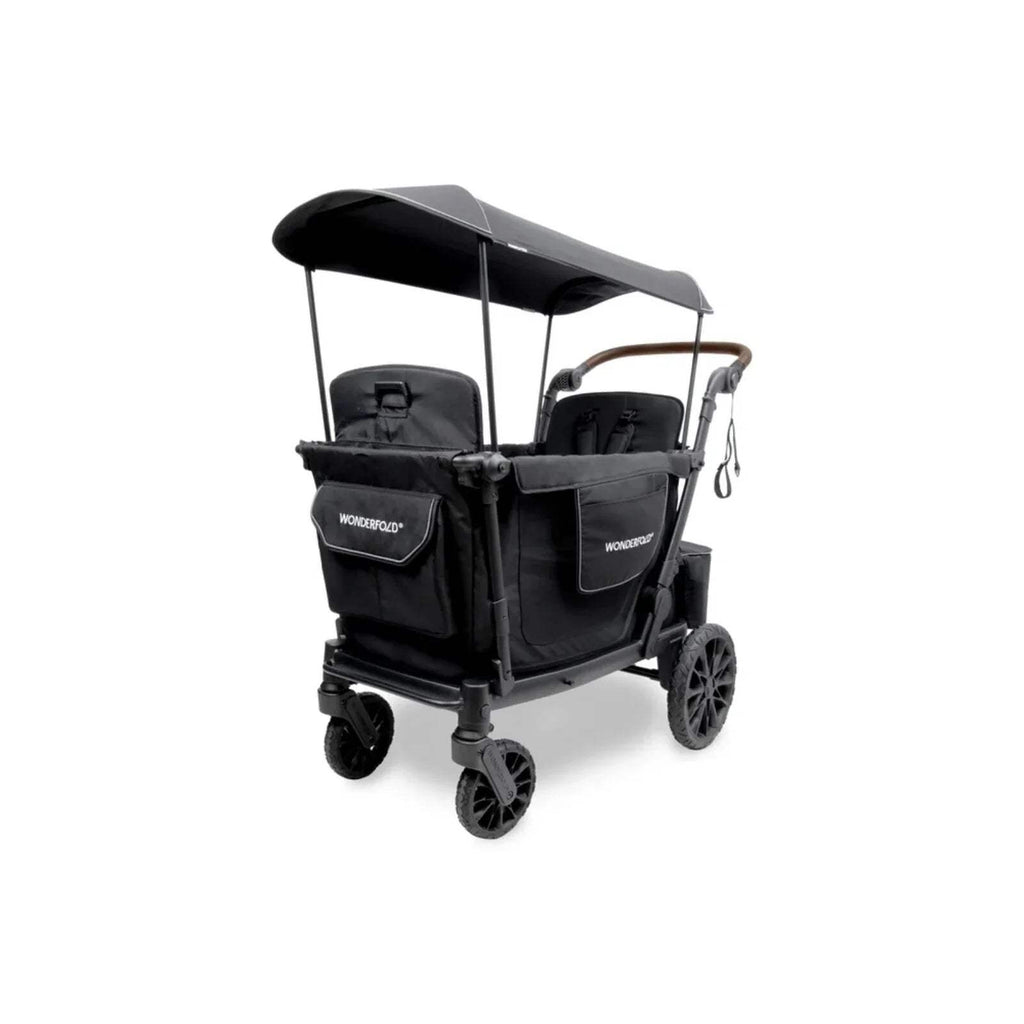 Black quad stroller wagon with canopy and two padded seat areas, curved handle bar