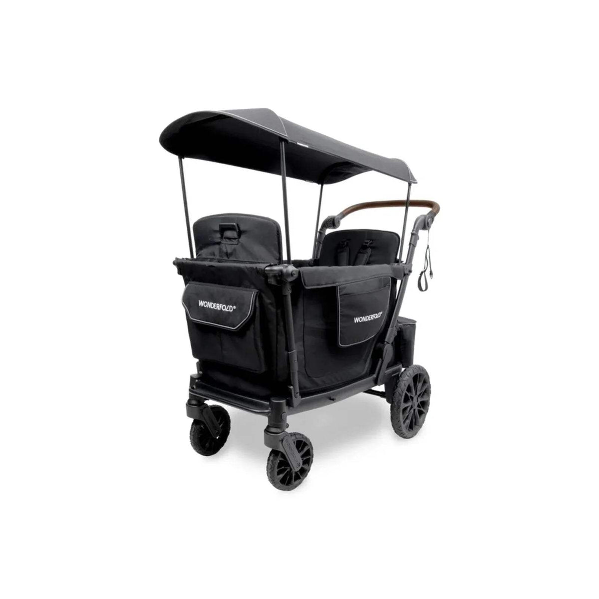 Black quad stroller wagon with canopy and two padded seat areas, curved handle bar