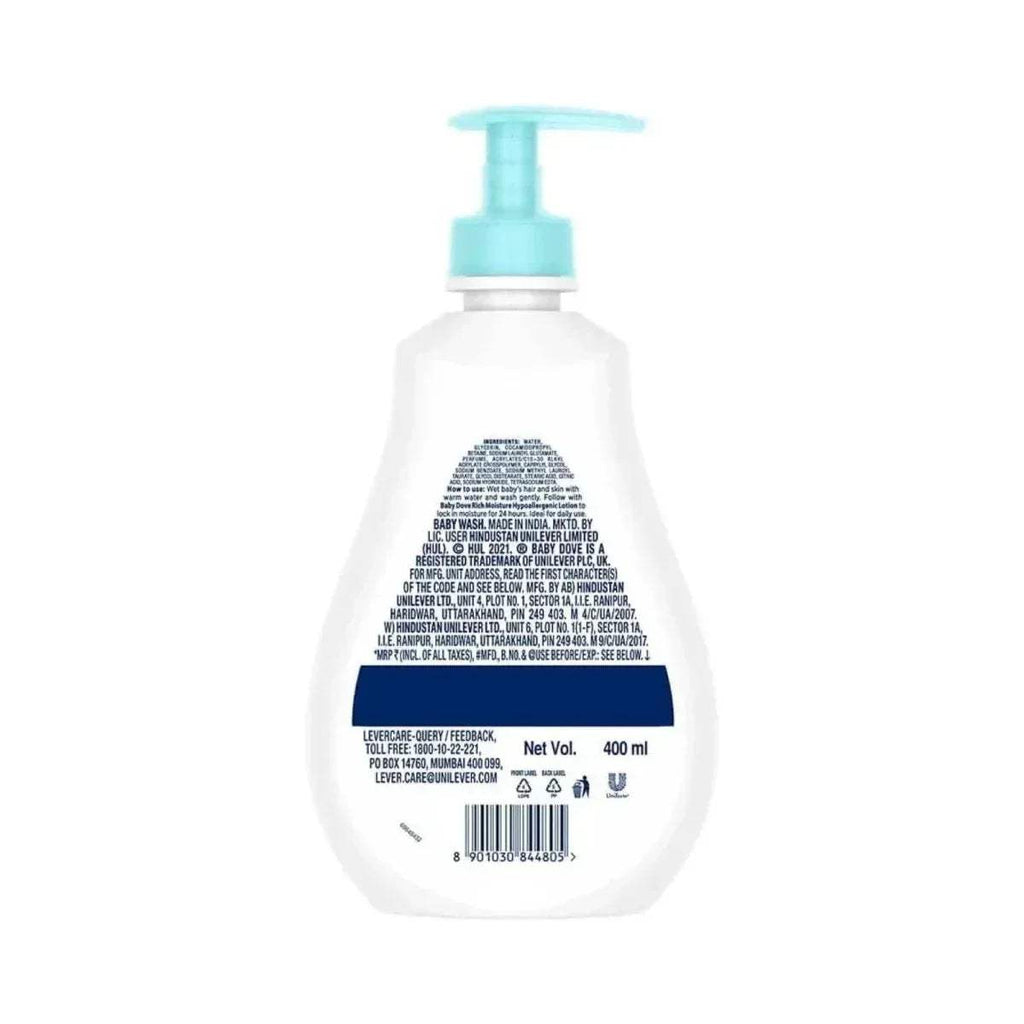 babyDove wash bottle with teal pump; back label with net vol 400 ml