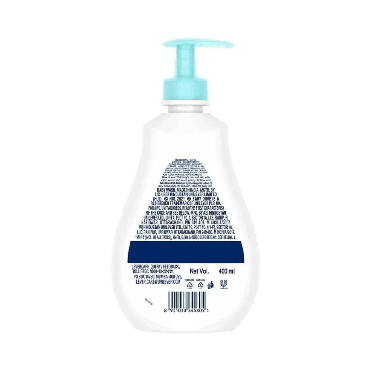 babyDove wash bottle with teal pump; back label with net vol 400 ml