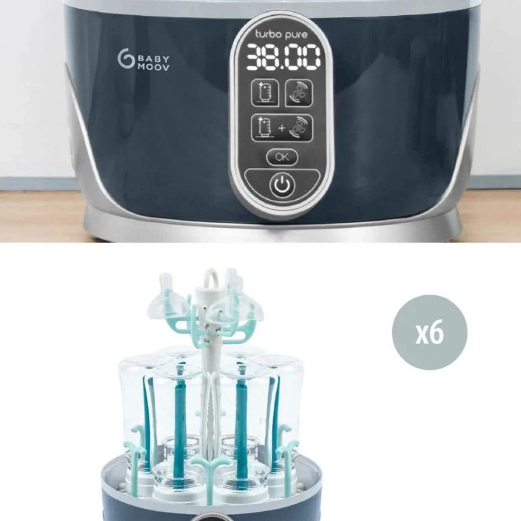 Babymoov Turbo Pure control panel on base with steriliser basket and blue bottle pieces