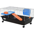 Small two-tier guinea pig hutch with wire cage, orange ramp, and blue accessory bin