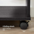 Black rolling wheels with latches under the wardrobe base, close-up