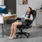 Heated massage office chair, person seated with armrests and padded high back