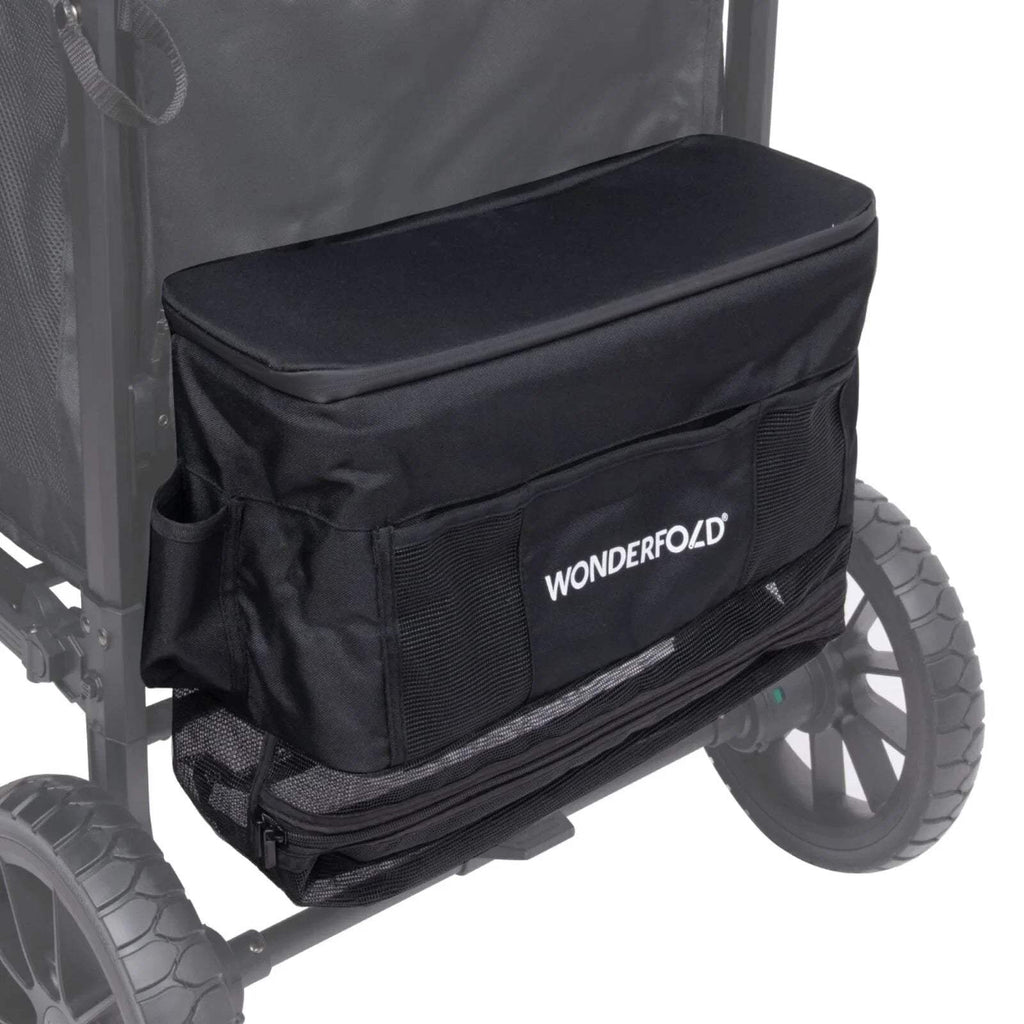 Jet black stroller wagon rear wheel with attached fabric storage bag and logo patch