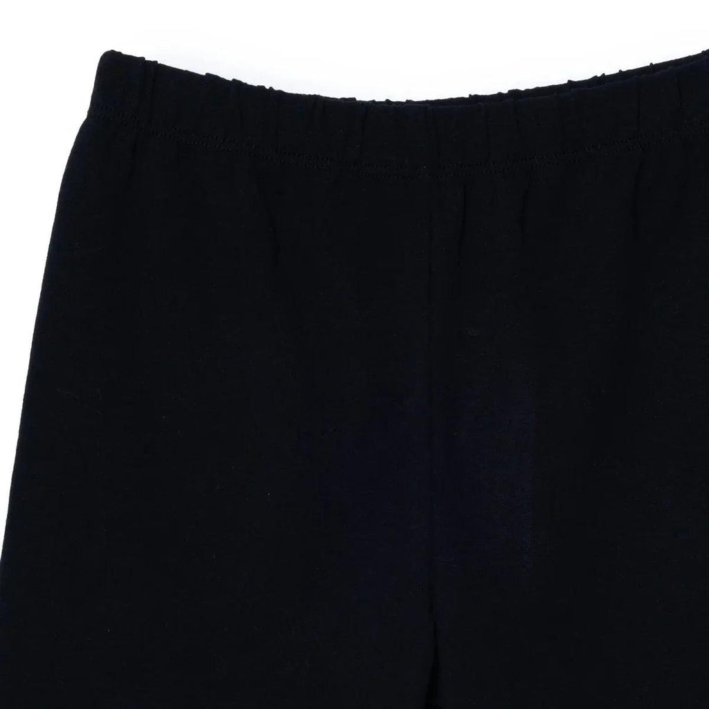 Black jersey baby shorts close-up of front panel and waistband