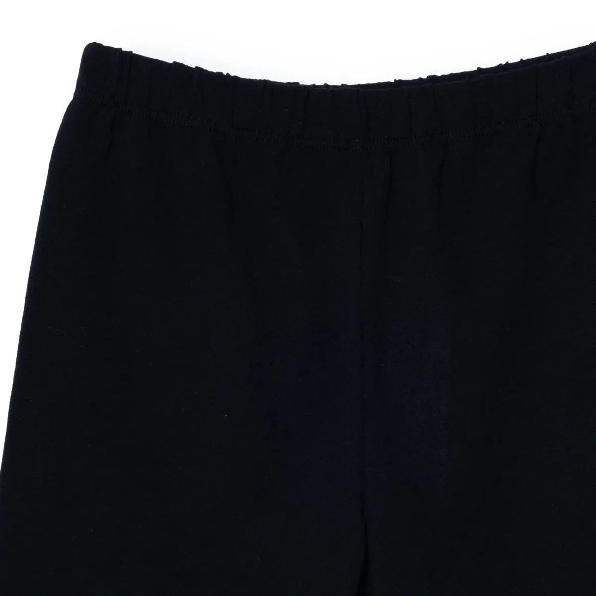 Black jersey baby shorts close-up of front panel and waistband
