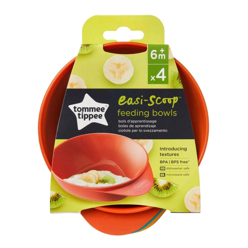 Tommee Tippee Easi-Scoop feeding bowls 4-pack; red scoop bowl on front
