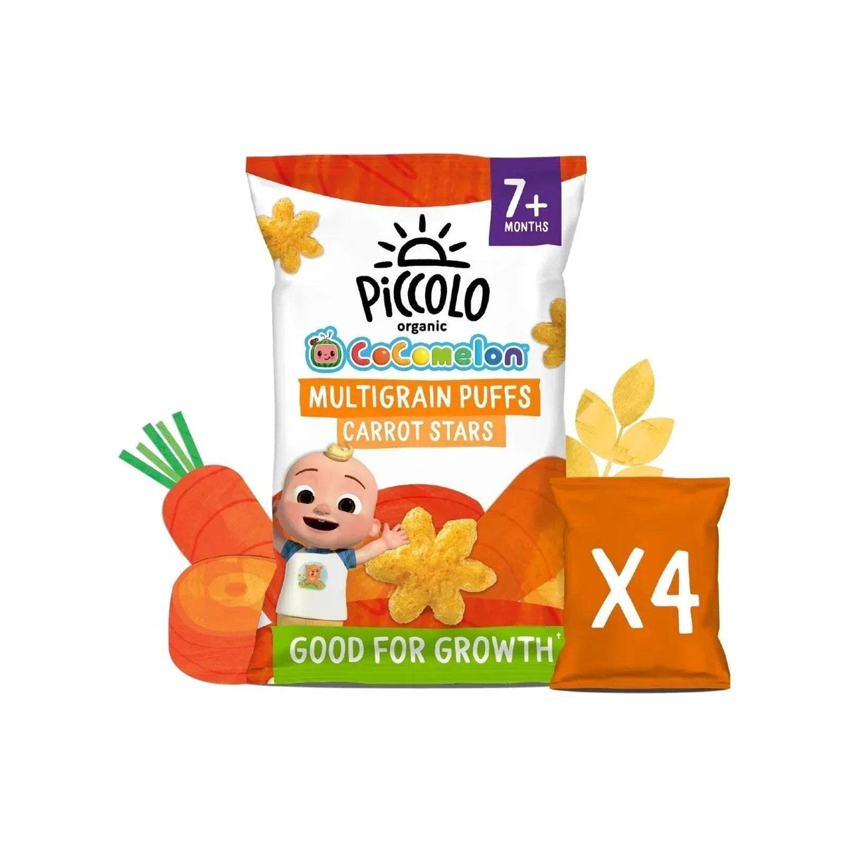 Piccolo organic carrot star multigrain puffs bag with four snack packs, 7+ months