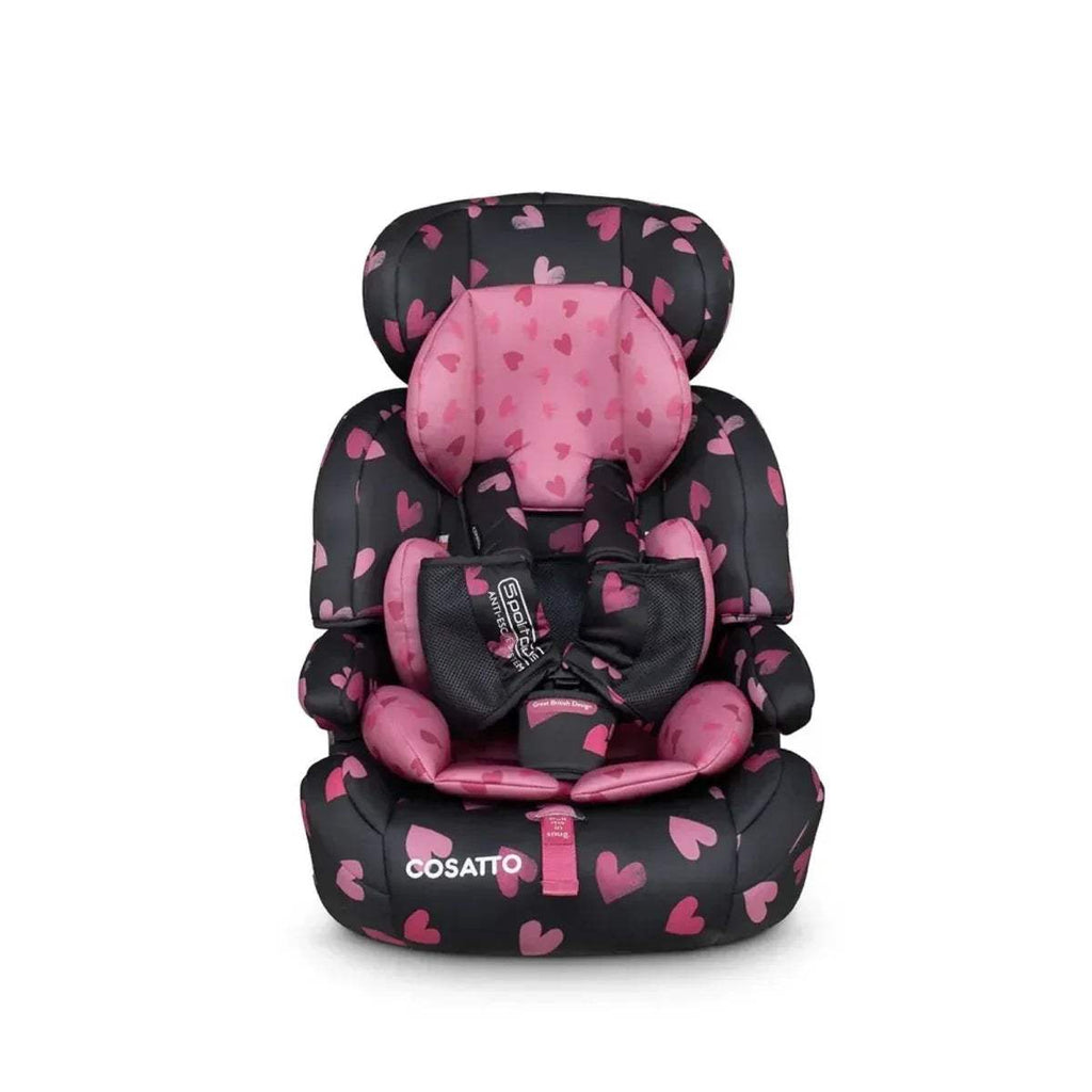 Charcoal car seat with pink heart pattern, forward-facing seat with padded harness