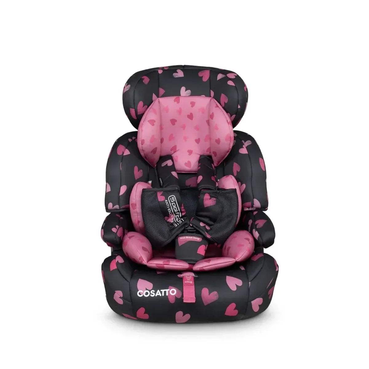 Charcoal car seat with pink heart pattern, forward-facing seat with padded harness