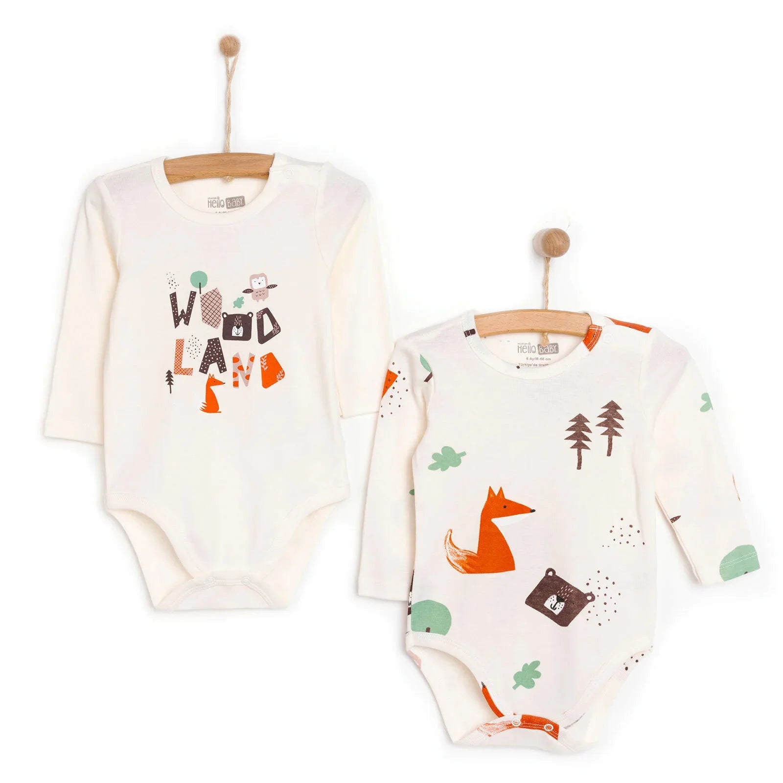 HelloBaby Boy 2-Pack Long Sleeve Bodysuit - Beige