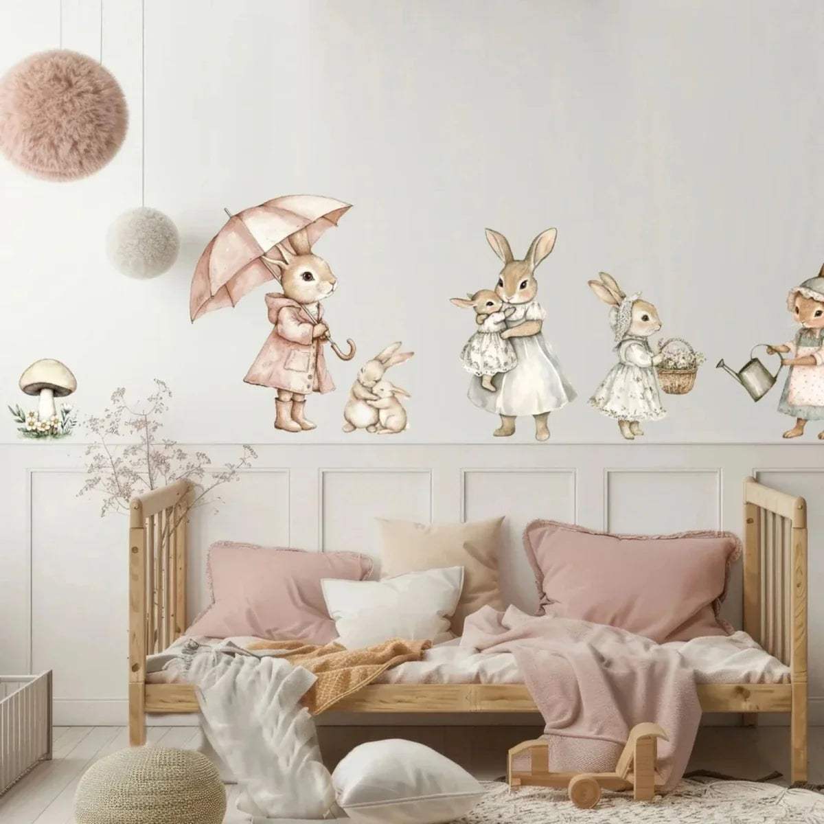 Pink rabbit textile wall stickers: kids, bunnies, mushrooms, and flowers