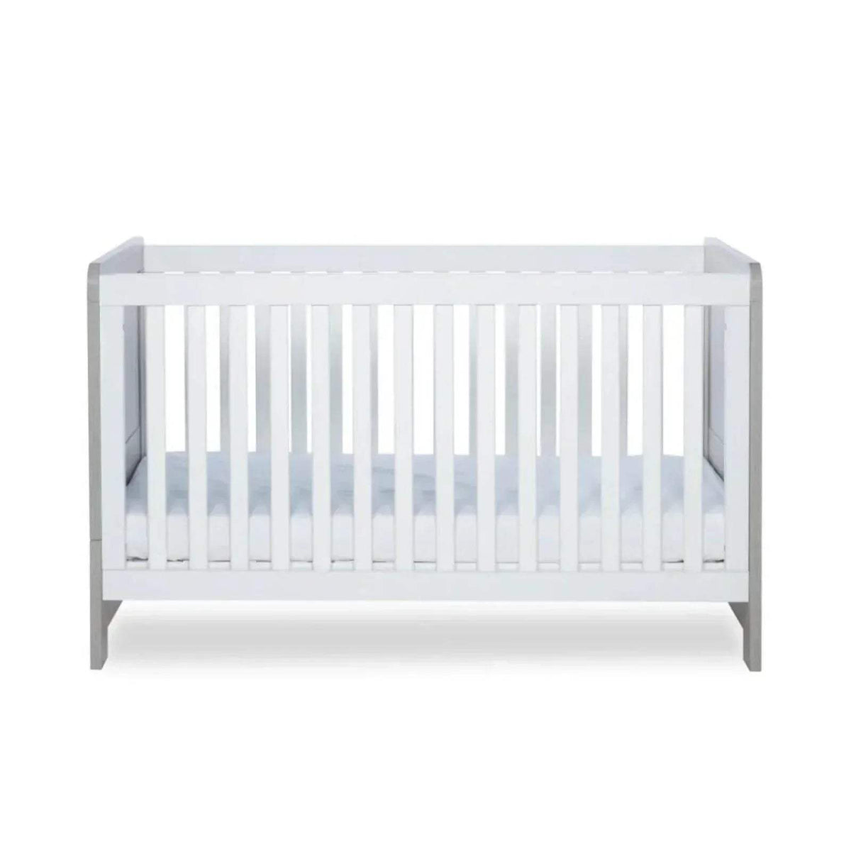 White interior cot bed base with vertical slat guard and ash grey legs.