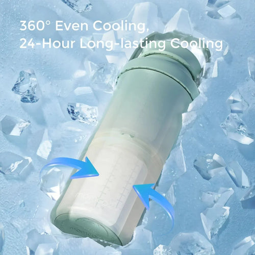 Mint green insulated cooler bottle with lid, surrounded by ice shards