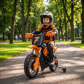 Orange kids electric motorbike with training wheels and orange front fork detail