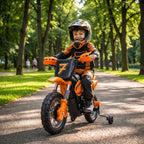 Orange kids electric motorbike with training wheels and orange front fork detail