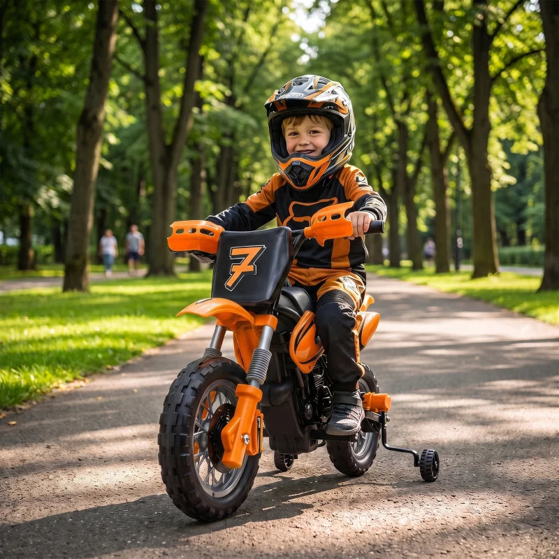 Orange kids electric motorbike with training wheels and orange front fork detail