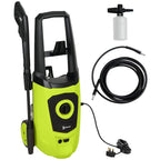 Green and black portable pressure washer with spray gun, hose, and power cord