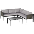 5 Seater Garden Corner Sofa Set, 4 Pieces Metal Garden Furniture Set with Loveseats, Glass Top Coffee Table, Breathable Mesh Pocket, Outdoor Conversation Furniture with Cushions, Light Grey - Bobobiy