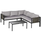 Light grey outdoor corner sofa set with dark metal frame and matching glass coffee table