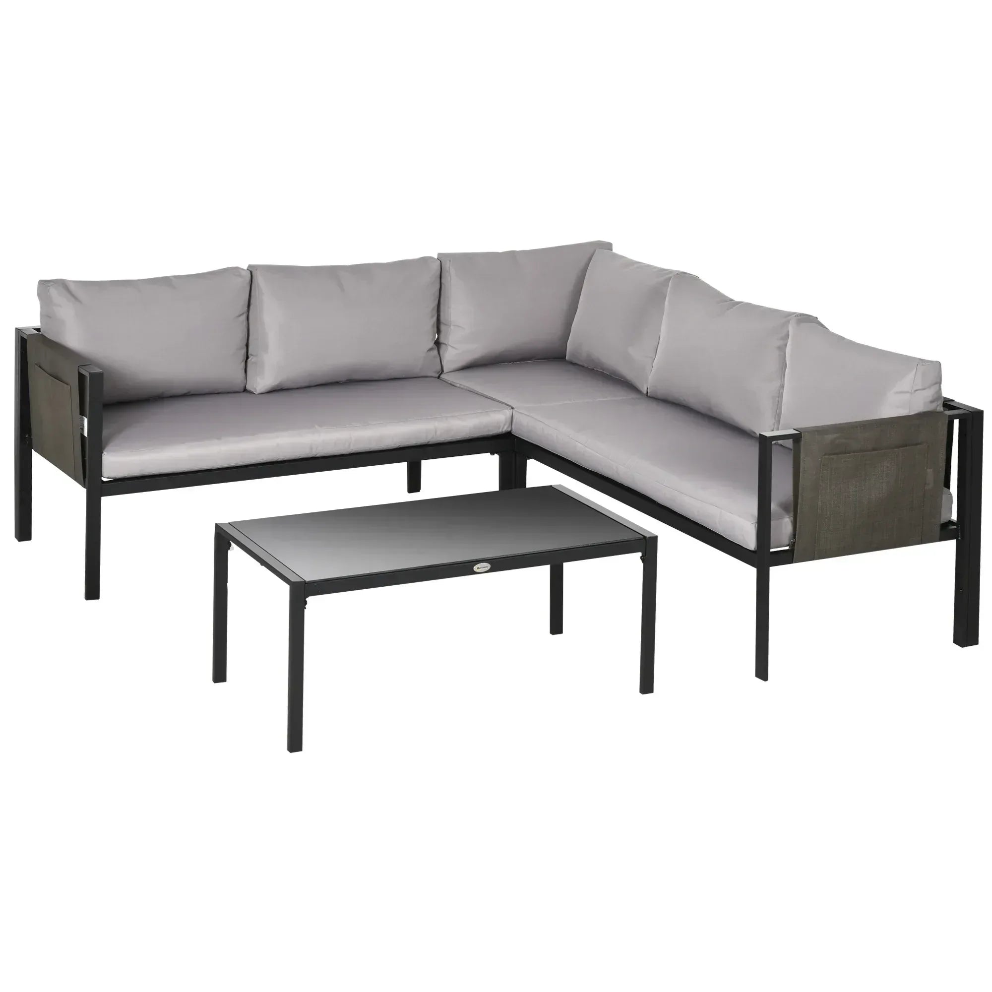 5 Seater Garden Corner Sofa Set, 4 Pieces Metal Garden Furniture Set with Loveseats, Glass Top Coffee Table, Breathable Mesh Pocket, Outdoor Conversation Furniture with Cushions, Light Grey - Bobobiy