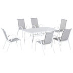 Grey outdoor dining set with white rectangular table and grey mesh armchairs