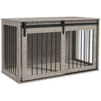 Walnut-brown wooden dog crate furniture with slatted sides and hinged security latch