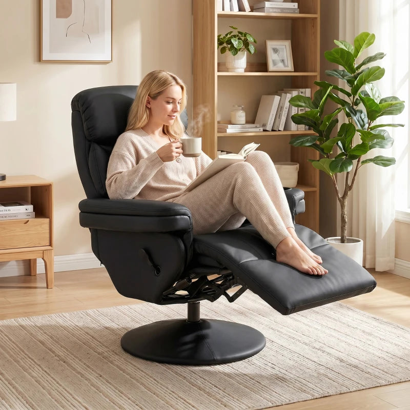 Black reclining armchair with extended footrest and adjustable backrest