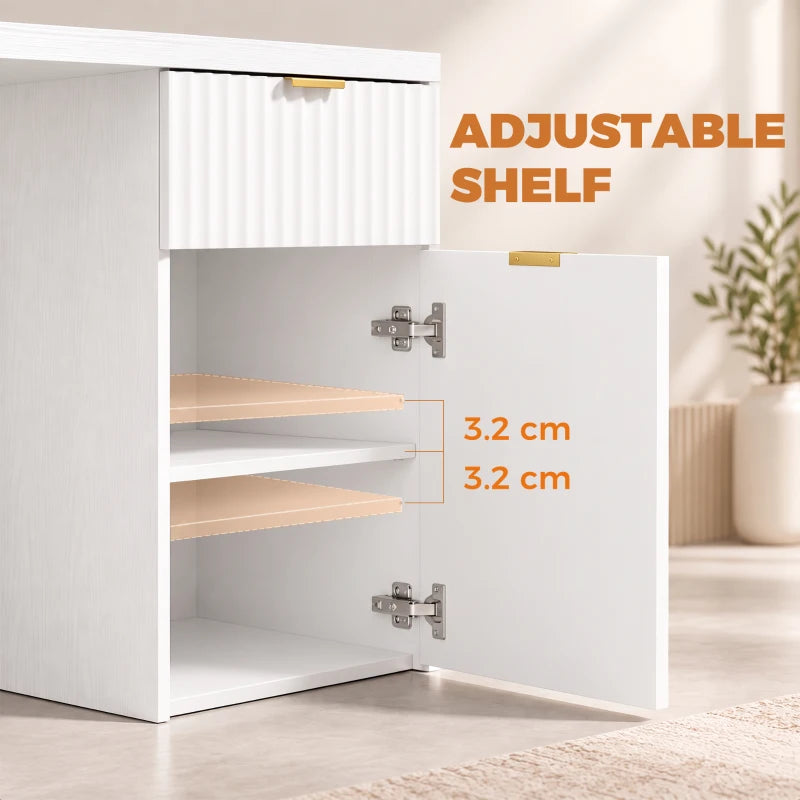White desk cabinet with adjustable shelves and ribbed doors, gold bar handles