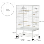 White bird cage dimensions diagram with rolling base and tray