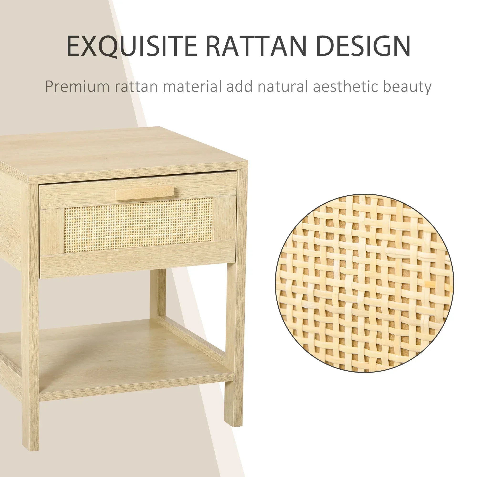 Nightstand with Rattan Drawer and Storage Shelf, Bedside End Table for Bedroom, Living Room - Bobobiy