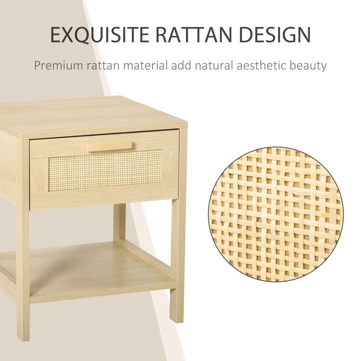 Rattan drawer nightstand with a close-up of the woven drawer front