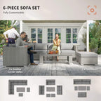 Grey 6-piece corner sofa set layout with coffee table and two footstools