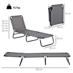 Grey adjustable garden lounger with five-position backrest shown with size diagram.