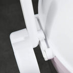 Pink and white cat litter box close-up of side latch and openable lid mechanism