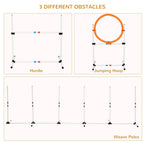 3-piece pet agility obstacle set: white hurdle frame and orange jumping hoop, plus weave poles