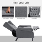 Light gray reclining wingback chair with tufted back and padded seat