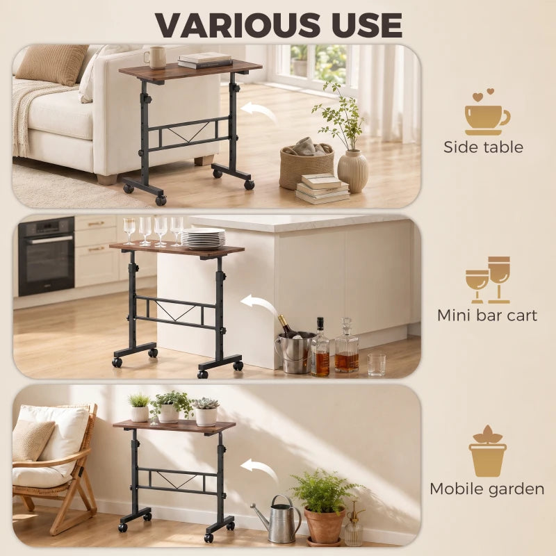Adjustable side table with rustic brown top and black frame for multiple uses