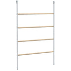 Chicken roosting ladder with four natural wood rungs on light gray metal supports.