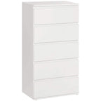 White 5-drawer storage cabinet with straight front panels and recessed drawer handles.