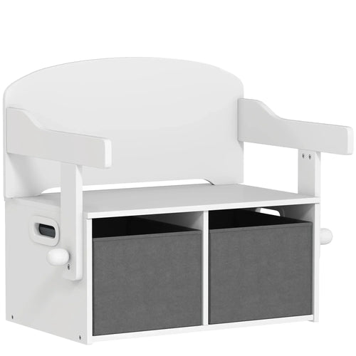 White kids storage bench with two gray fabric bins and open tabletop