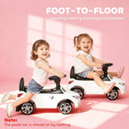 White foot-to-floor ride-on sliding car with two toddlers seated