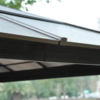 Hardtop gazebo roof edge close-up with black trim and textured polycarbonate panel