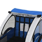 Blue and white two-seat bike trailer mesh window with clear PVC front cover