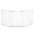 White metal pet safety gate with three hinged panels and vertical bars