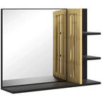 Bathroom mirror with bamboo side cabinet and black shelves, open hinged view